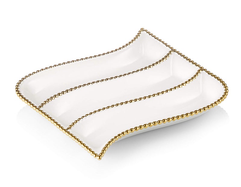 White Porcelain Cracker Dish with Gold Beaded Design-Measures: 10" L
